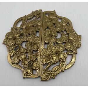 Vtg Lillian Vernon solid brass hot plate dogwood floral trivet Has Patina Set 2